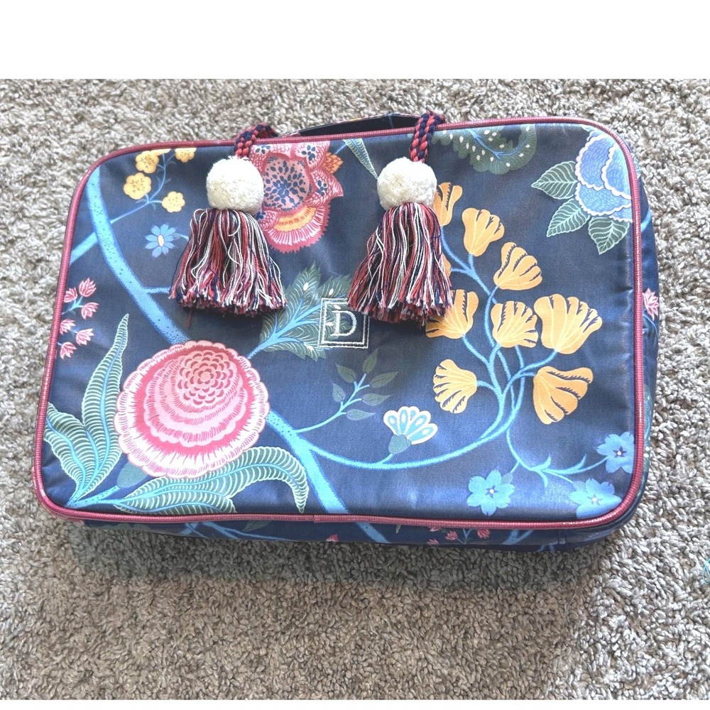 Pottery Barn Floral Travel Makeup‎ Jewelry Organizer Navy Pink Tassel D Initial